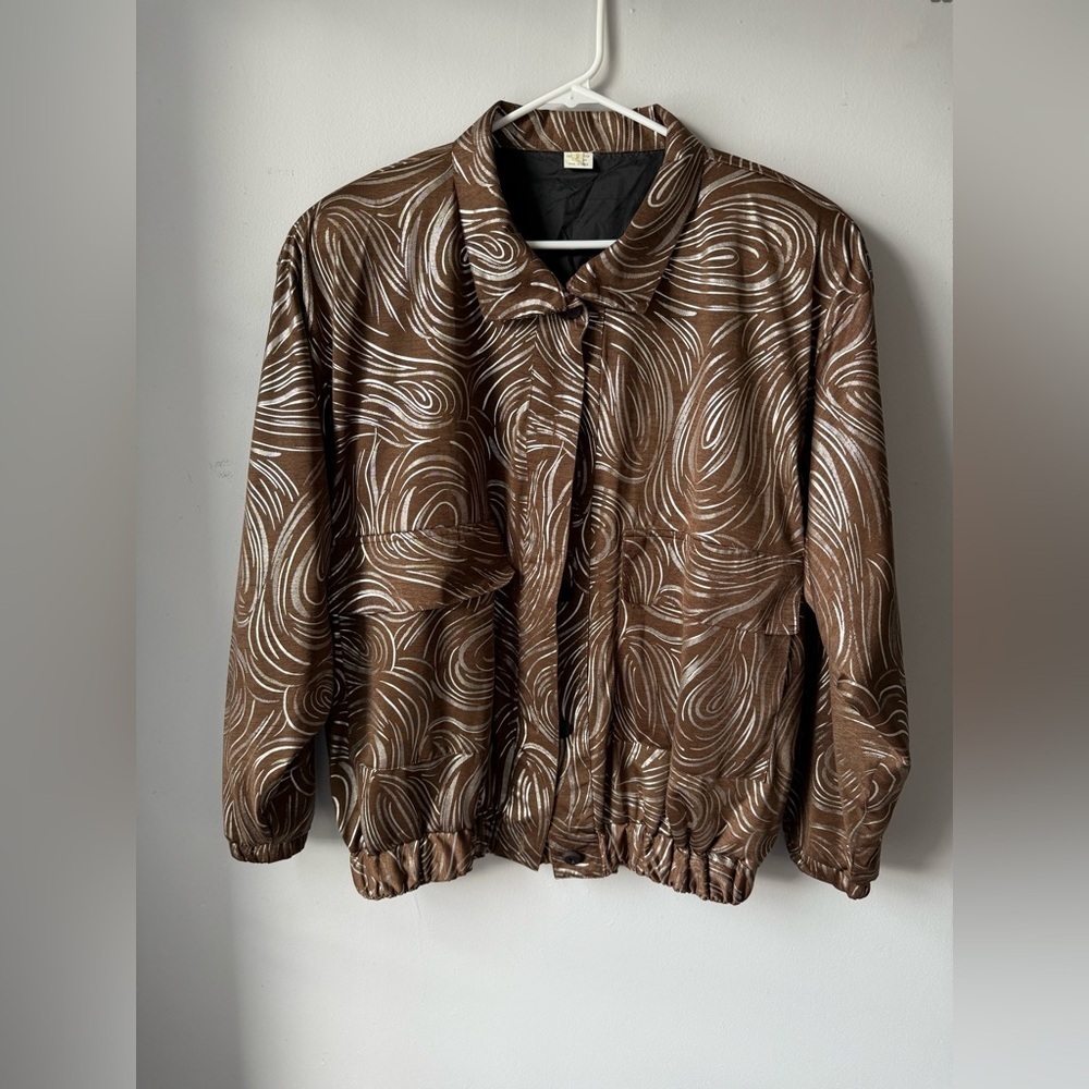 VTG Bomber Jacket Zip Up Brown Silver Swirl Pattern Hippie Boho Jacket Size M OS